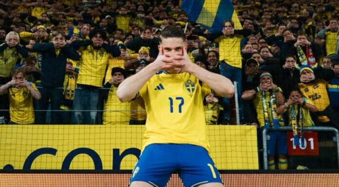 Viktor Gyökeres varemerker sin mål feiring